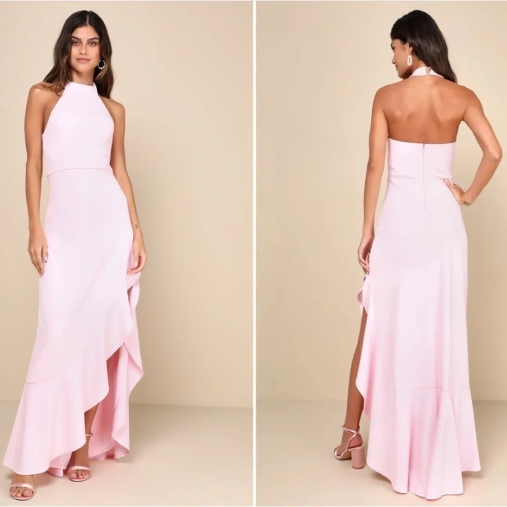 LULU's Chic Sexy Prom Wedding Ruffle Hem Light Pink Trumpet Maxi Dress - Picture 3 of 4